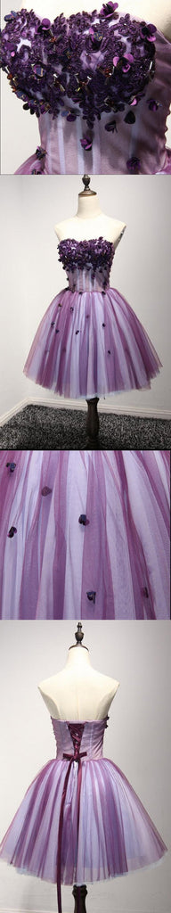 Purple Strapless Lace Homecoming Prom Dresses, Affordable Short Party Corset Back Prom Dresses, Perfect Homecoming Dresses, CM214