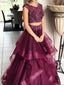 Purple Two Pieces Bateau A-line Long Evening Prom Dresses, 17560