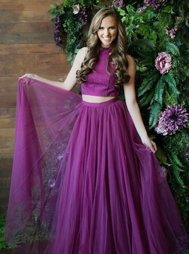 Purple Two Pieces Side Slit Halter Tulle Long Evening Prom Dresses, 17610