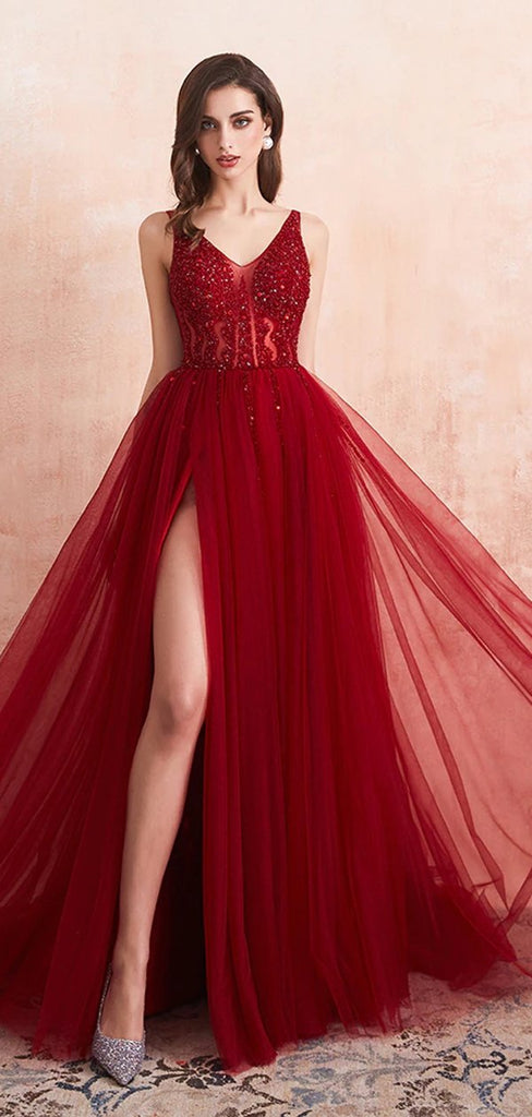 Red A-line High Slit Straps Party Prom Dresses, Dance Dresses 2021,Prom Dresses Stores,12339