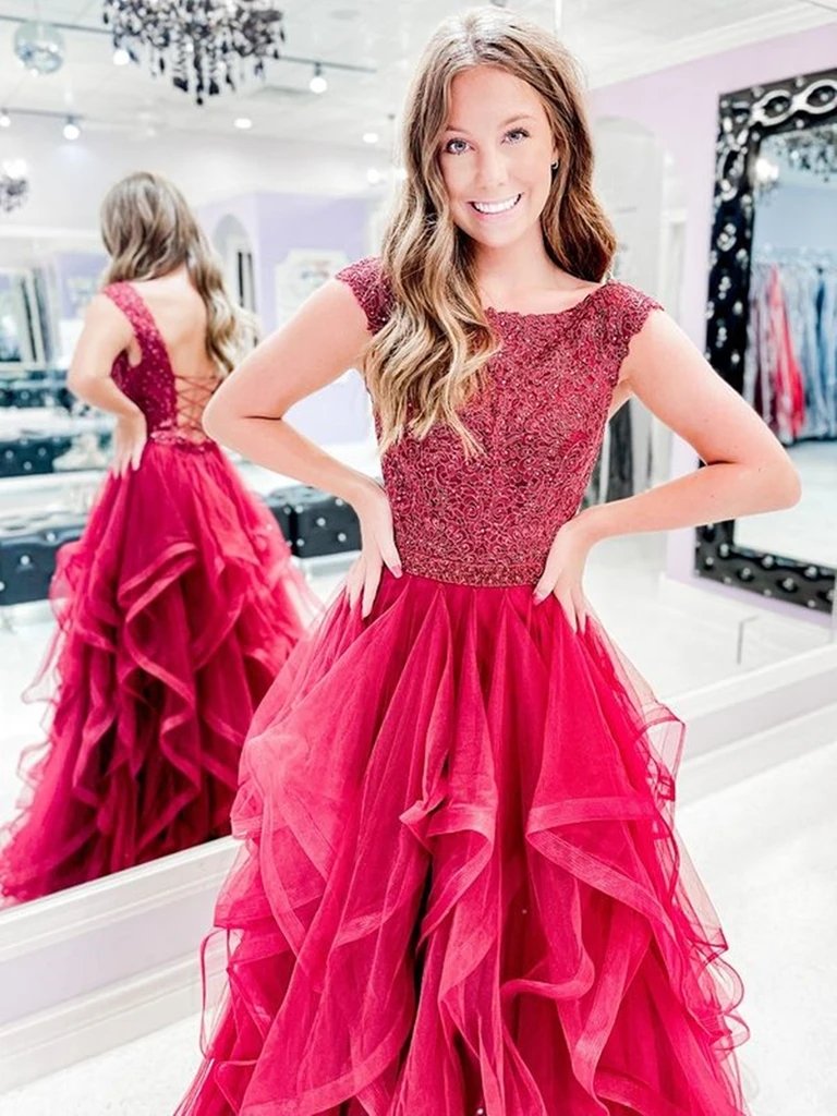 Red A-line Jewel Backless Long Prom Dresses Online,Dance Dresses,12474