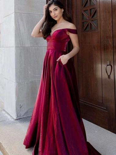 Red A-line Off Shoulder V-neck Party Prom Dresses, Prom & Dance Dresses,12343