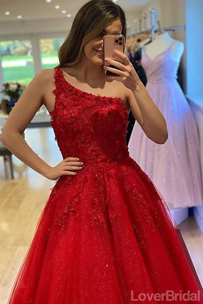 Red A-line One Shoulder Cheap Long Prom Dresses, Evening Party Dresses,12665