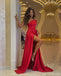 Red A-line One Shoulder High Slit Cheap Long Prom Dresses Online,12645