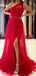 Red A-line One Shoulder High Slit Cheap Long Prom Dresses Online,12685