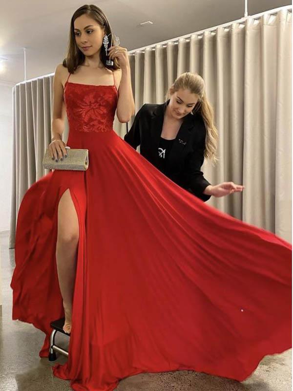 Red A-line Spaghetti Straps Backless High Slit Long Prom Dresses Online,12518