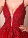 Red A-line Spaghetti Straps V-neck Long Prom Dresses Online, Dance Dresses,12381