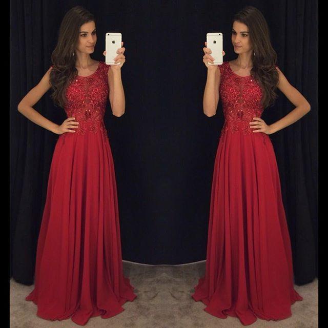 Red Cheap Formal A Line Modest Floor Length Chiffon Prom Dress, WG287