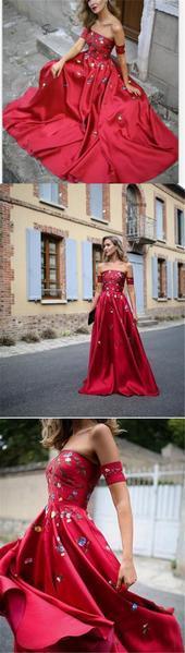 Red Embroidery A line Strapless Long Custom Evening Prom Dresses, 17441