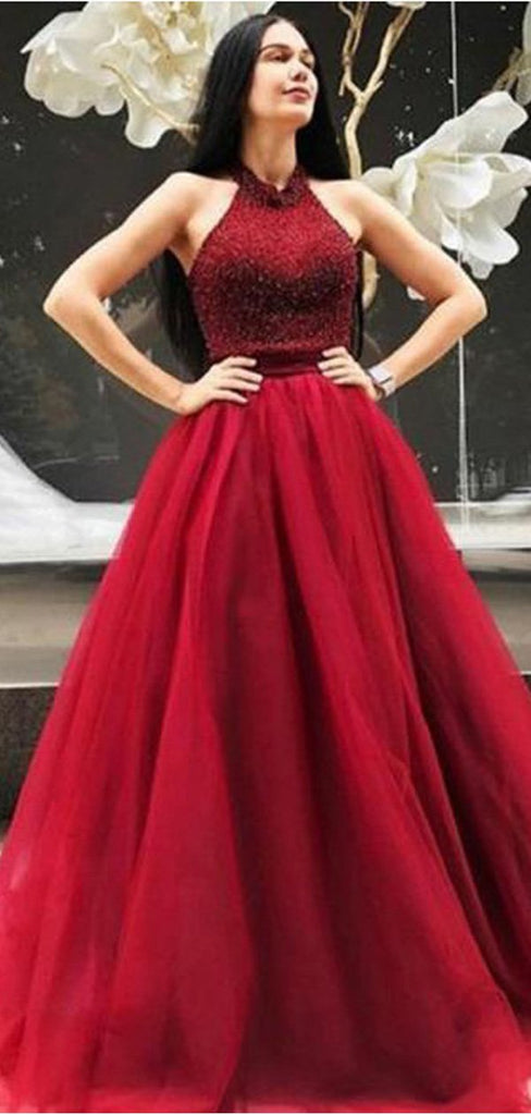 Red Halter Beaded A-line Cheap Long Evening Prom Dresses, Cheap Sweet 16 Dresses, 18390