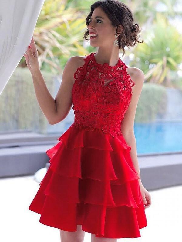 Red Halter See Through Lace Cheap Homecoming Dresses Online, CM717