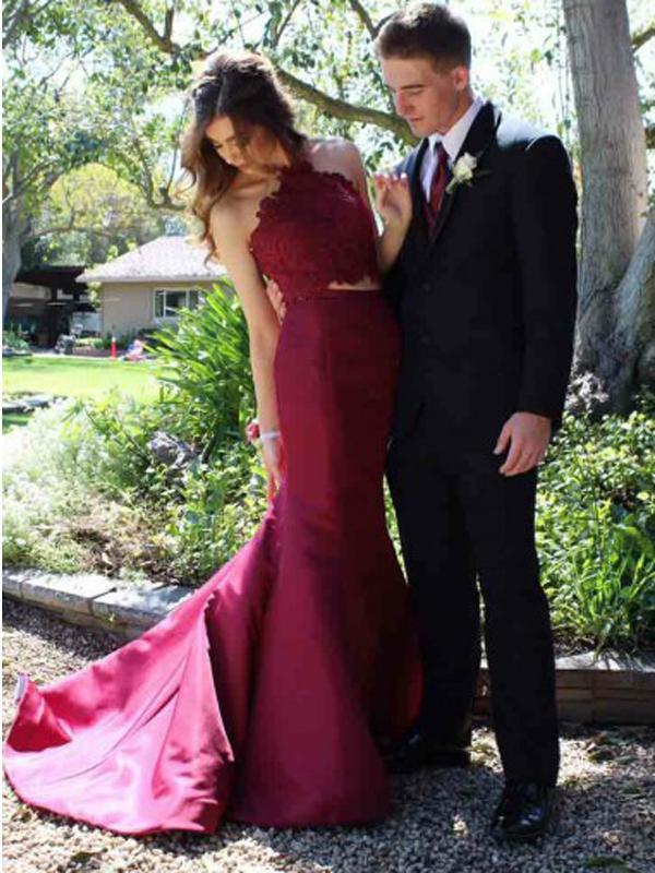 Red Halter Two Pieces Mermaid Long Evening Prom Dresses, 17590