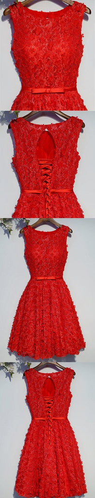 Red Lace Beaded Round Neckline Homecoming Prom Dresses, Affordable Corset Back Short Party Prom Dresses, Perfect Homecoming Dresses, CM253