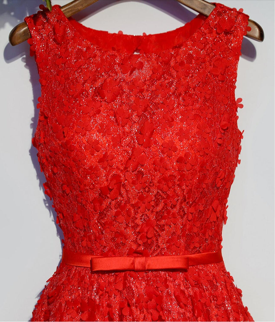 Red Lace Beaded Round Neckline Homecoming Prom Dresses, Affordable Corset Back Short Party Prom Dresses, Perfect Homecoming Dresses, CM253