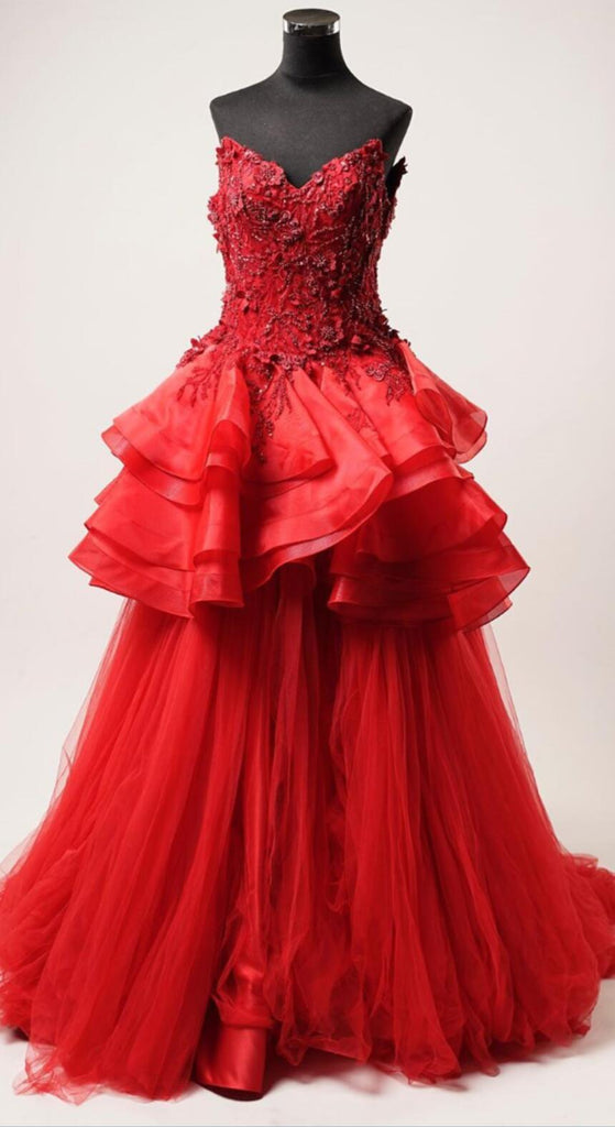 Red Lace Beaded Ruffles A-line Long Evening Prom Dresses, Evening Party Prom Dresses, 12306