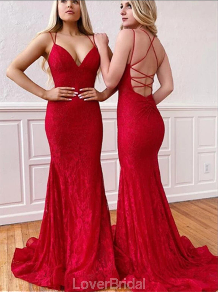 Red Lace Mermaid Backless Evening Prom Dresses, Evening Party Prom Dresses, 12196