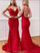 Red Lace Mermaid Backless Evening Prom Dresses, Evening Party Prom Dresses, 12196