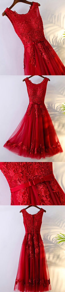 Red Lace Round Neckline Short Homecoming Prom Dresses, Affordable Corset Back Short Party Prom Dresses, Perfect Homecoming Dresses, CM245