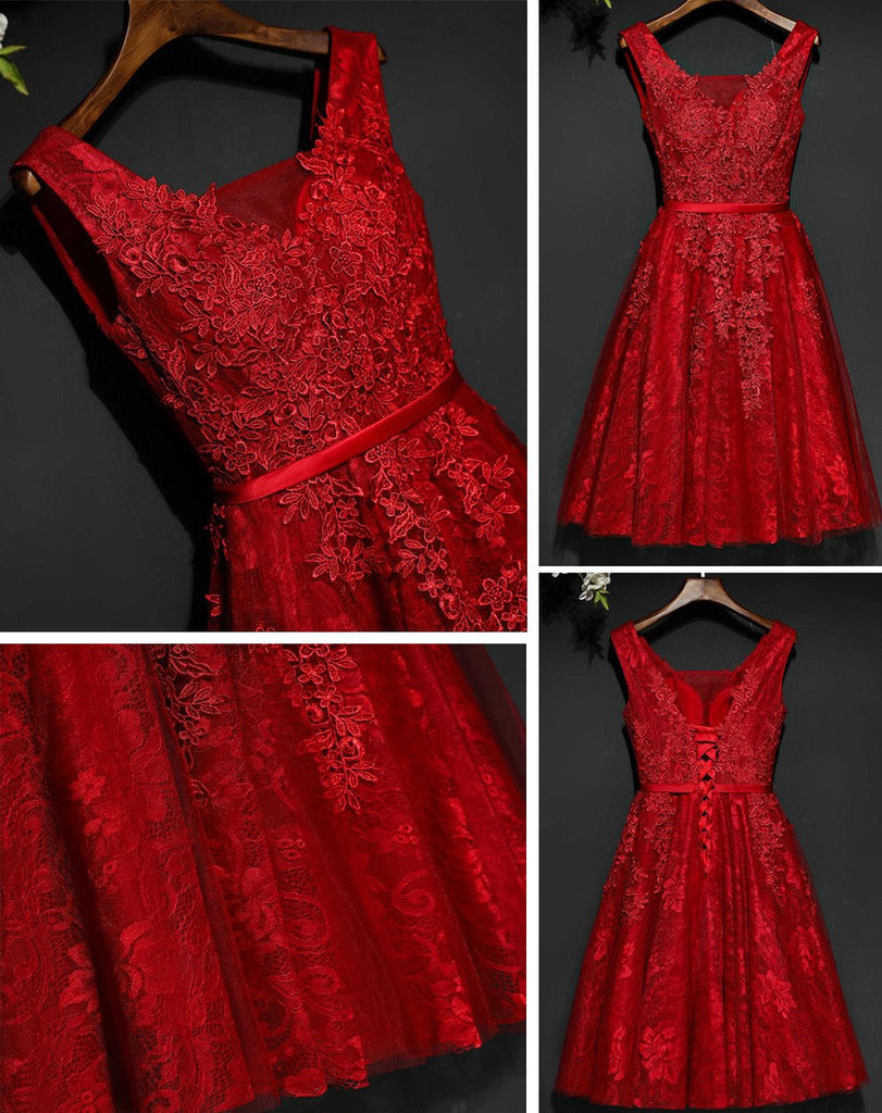 Red Lace V Neckline Beaded Homecoming Prom Dresses, Affordable Corset Back Short Party Prom Dresses, Perfect Homecoming Dresses, CM259