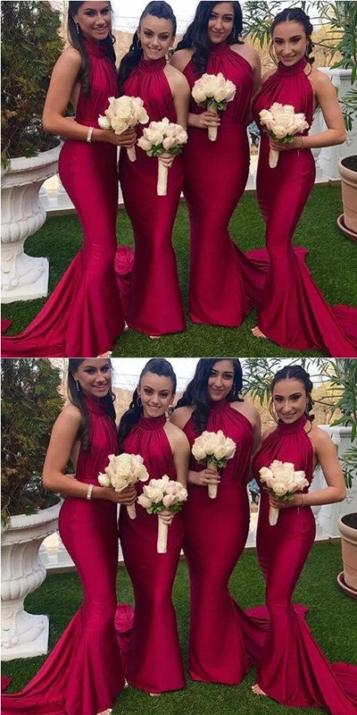 Red Mermaid Halter Backless Cheap Long Bridesmaid Dresses Online,WG1003