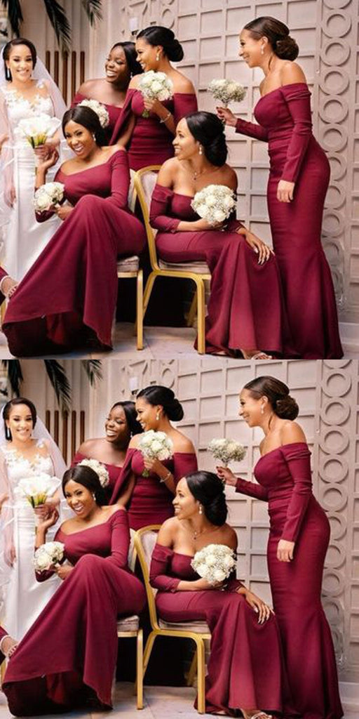 Red Mermaid Off Shoulder Long Sleeves Cheap Bridesmaid Dresses,WG1390