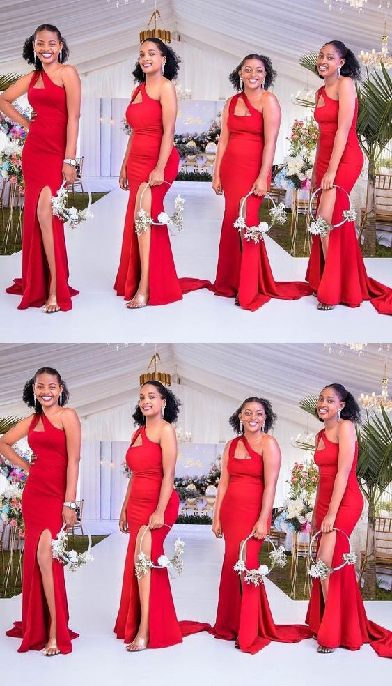 Red Mermaid One Shoulder High Slit Cheap Long Bridesmaid Dresses,WG1431