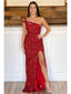 Red Mermaid One Shoulder High Slit Cheap Long Prom Dresses Online,12764