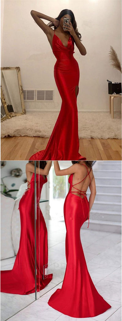 Red Mermaid Spaghetti Straps V-neck Backless Long Prom Dresses Online,12437