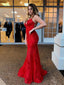 Red Mermaid Spaghetti Straps V-neck Backless Long Prom Dresses Online,12442