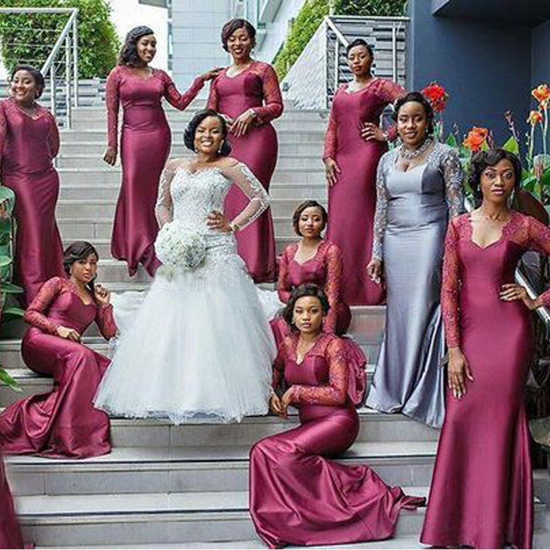 Red Mermaid V-neck Long Sleeves Cheap Bridesmaid Dresses,WG1294