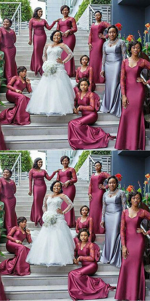 Red Mermaid V-neck Long Sleeves Cheap Bridesmaid Dresses,WG1294