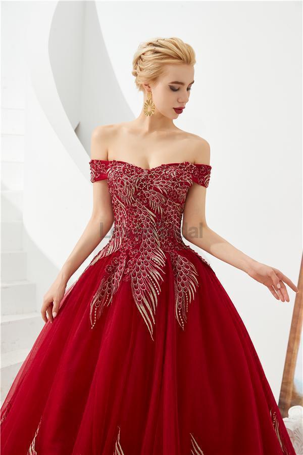 Red Off Shoulder A-line Long Evening Prom Dresses, Evening Party Prom Dresses, 12127