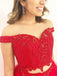 Red Off Shoulder Lace Two Pieces A line Long Custom Evening Prom Dresses, 17443