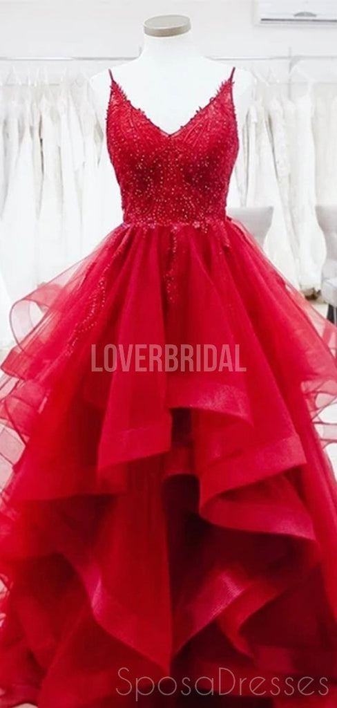 Red Spaghetti Straps Lace Beaded Ruffles Evening Prom Dresses, Evening Party Prom Dresses, 12277