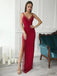Red Spaghetti Straps Mermaid Side Slit Long Evening Prom Dresses, Cheap Sweet 16 Dresses, 18339