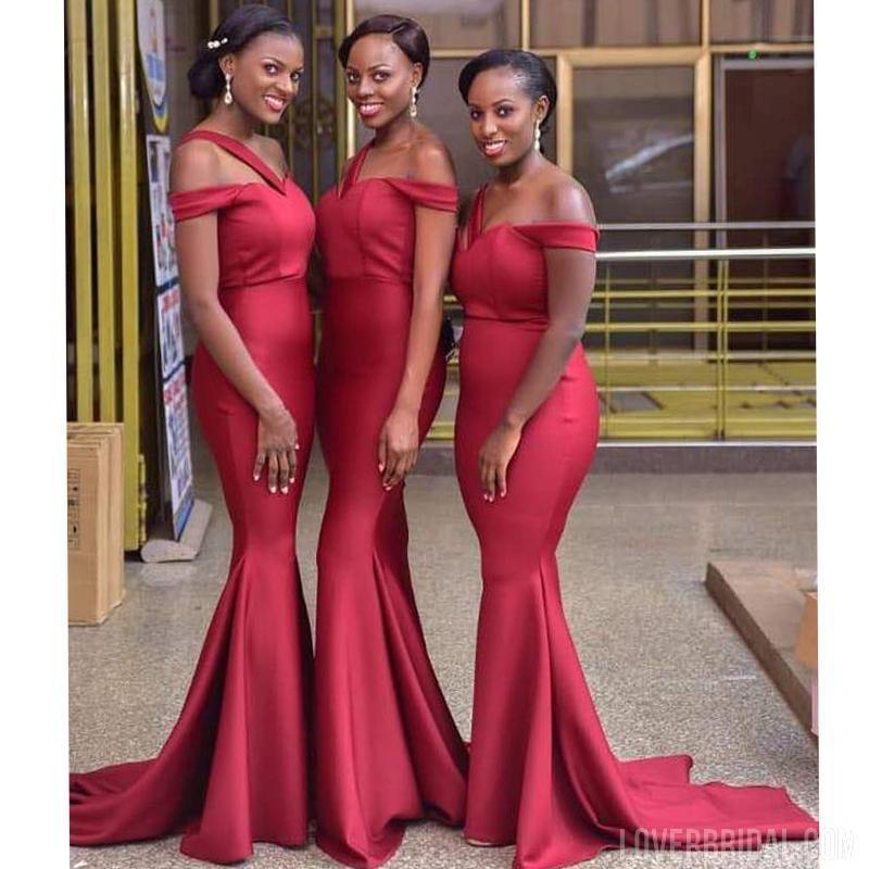 Red Straps Unique Long Mermaid Sexy Cheap Bridesmaid Dresses Online, WG576