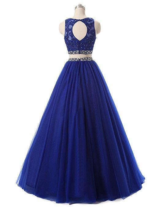 Red Two Pieces Rhinestone Tulle A-line Long Evening Prom Dresses, 17668