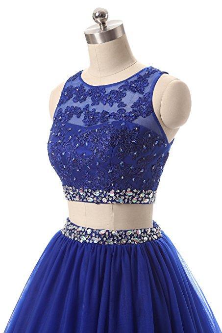 Red Two Pieces Rhinestone Tulle A-line Long Evening Prom Dresses, 17668