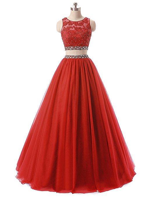Red Two Pieces Rhinestone Tulle A-line Long Evening Prom Dresses, 17668