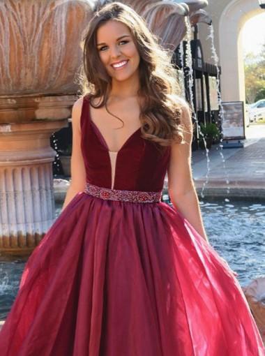 Red V-Neck A-line Organza Long Evening Prom Dresses, 17598