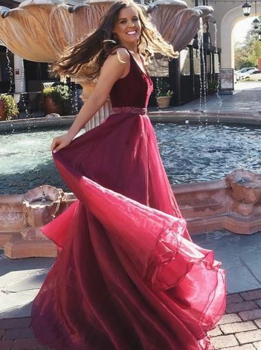 Red V-Neck A-line Organza Long Evening Prom Dresses, 17598