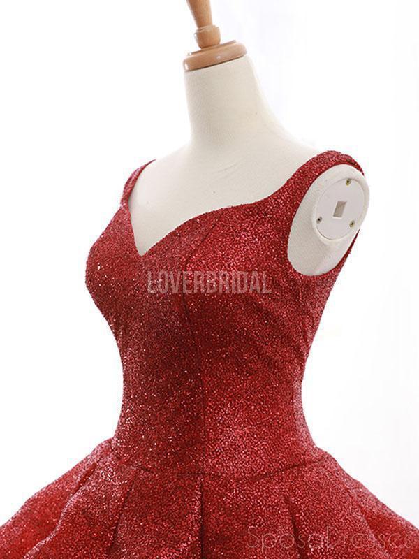 Red V Neck Sparkly Ball Gown Evening Prom Dresses, Evening Party Prom Dresses, 12264