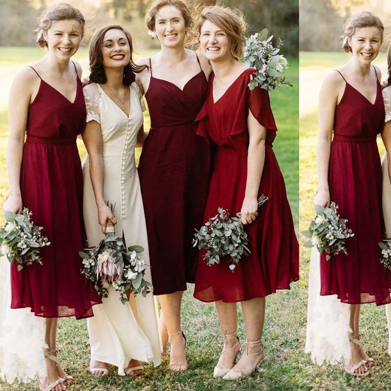 Red Wine Mismatched Short Chiffon Cheap Bridesmaid Dresses Online, WG311