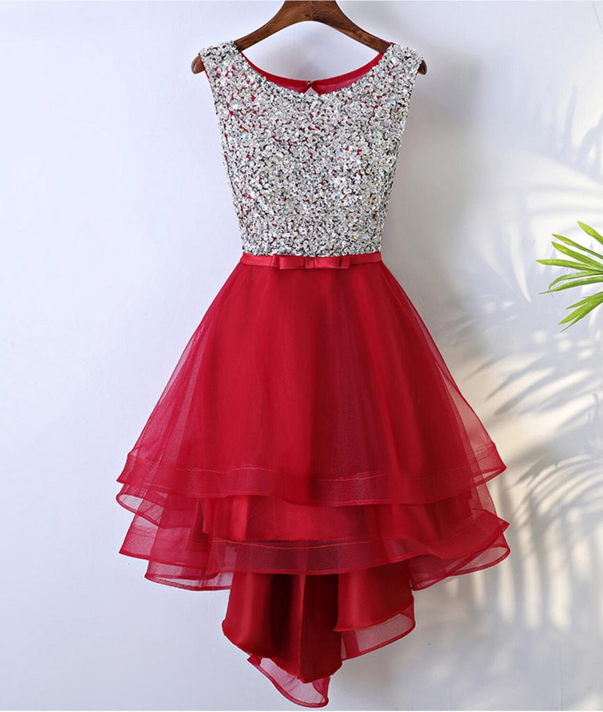 Rhinestone Sequin High Low Open Back Red Homecoming Prom Dresses, Affordable Corset Back Short Party Prom Dresses, Perfect Homecoming Dresses, CM241