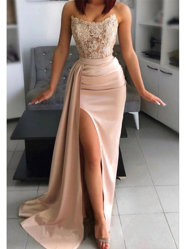 Rose Gold Mermaid Strapless High Slit Cheap Long Prom Dresses,12888