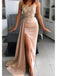 Rose Gold Mermaid Strapless High Slit Cheap Long Prom Dresses,12888