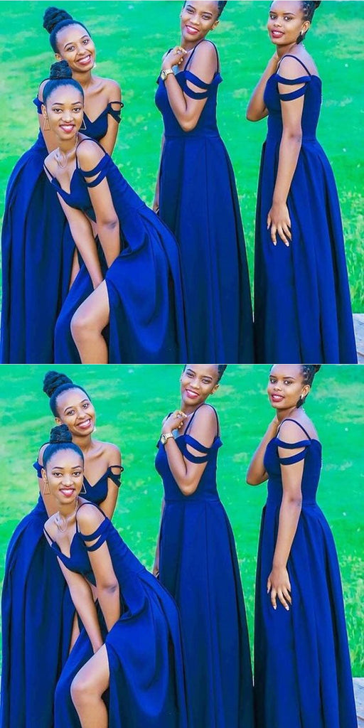 Royal Blue A-line Side Slit Spaghetti Straps Cheap Long Bridesmaid Dresses,WG1365