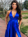 Royal Blue A-line V-neck High Slit Cheap Long Prom Dresses Online,12411