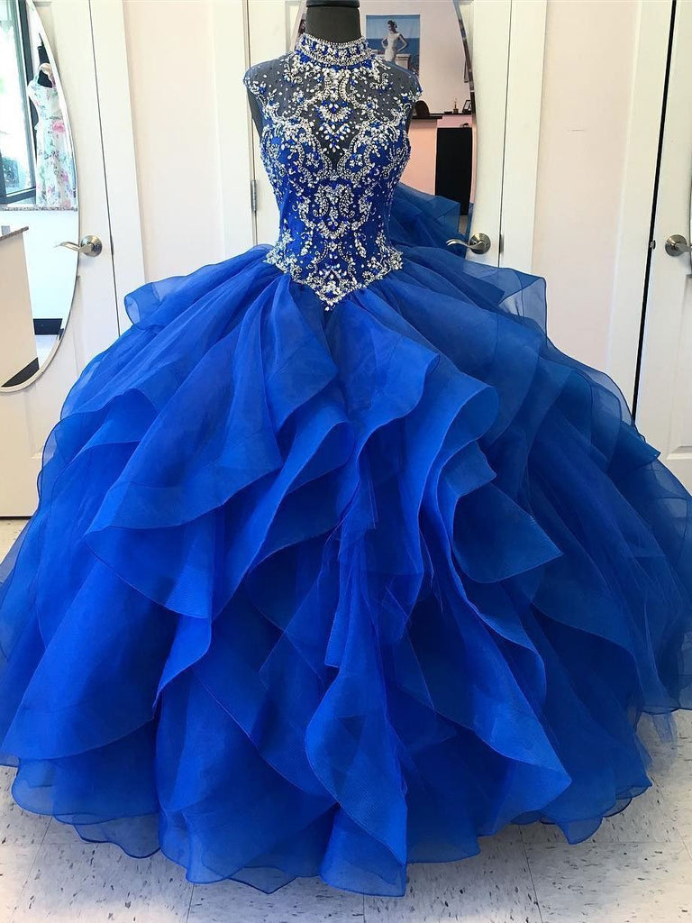 Royal Blue Ball Gown High Neck Rhinestone Beaded Long Evening Prom Dresses, 17689