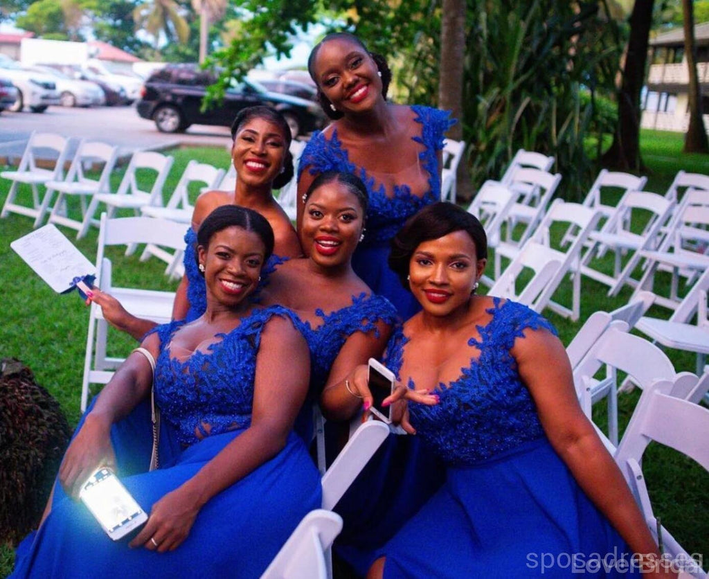 Royal Blue Cap Sleevess Side Slit Floor Length Cheap Bridesmaid Dresses Online, WG528